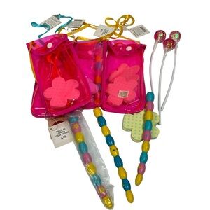 Four (4) Pink Pouches, Pens & Flower Note Pads & 3 Long Stick Lollipops NEW